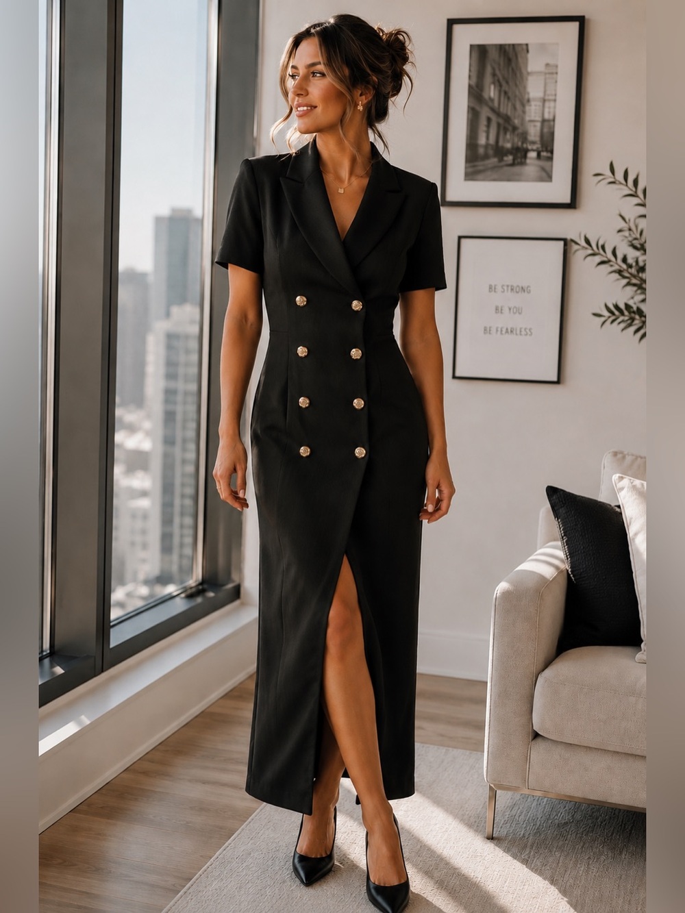 Vintage La Belle Black Double Breasted Blazer Dress Gold Rose Buttons